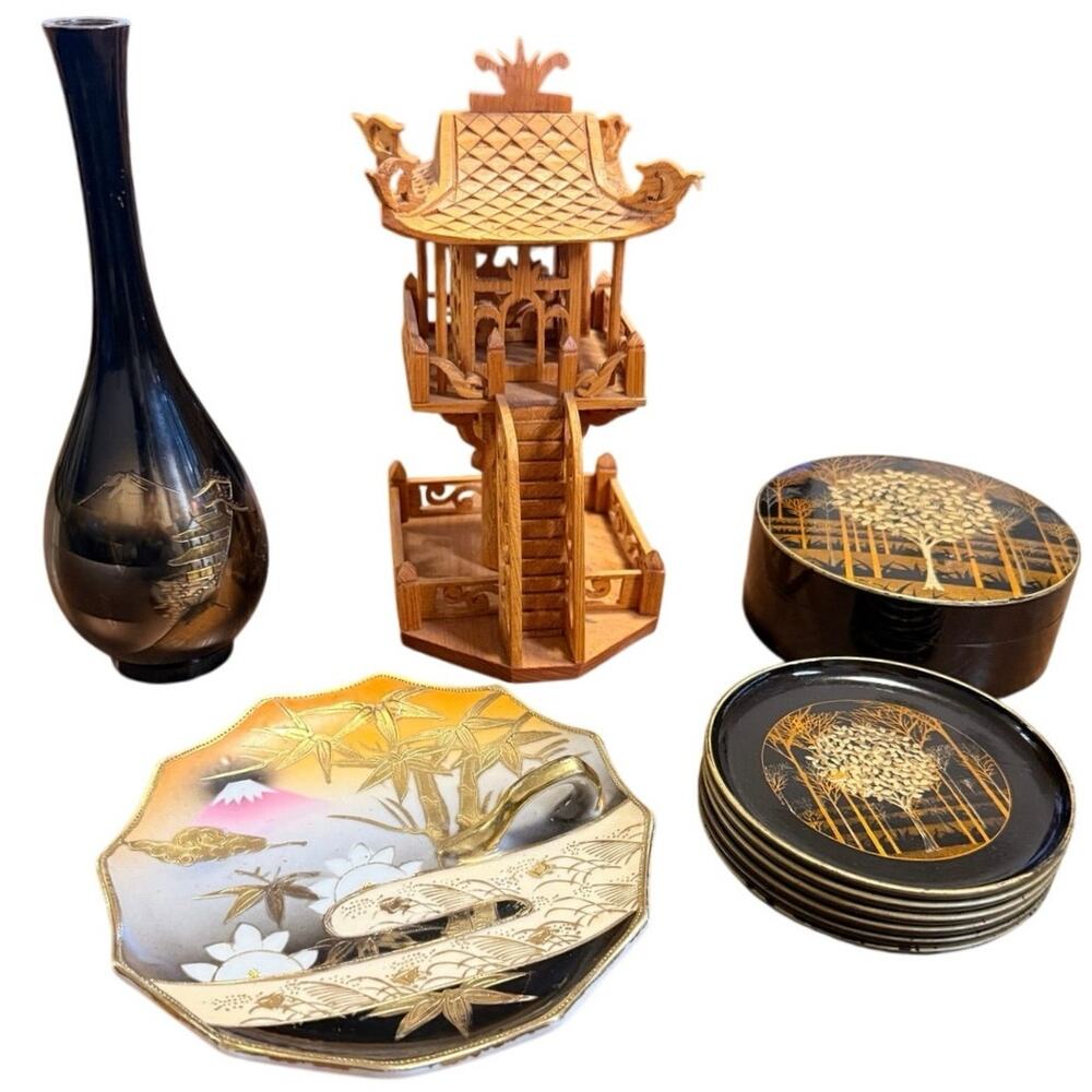 VTG Japanese Decor Lot - Chokin Bud Vase, Mt Fuji Dish, Otagiri Coasters, Pagoda
